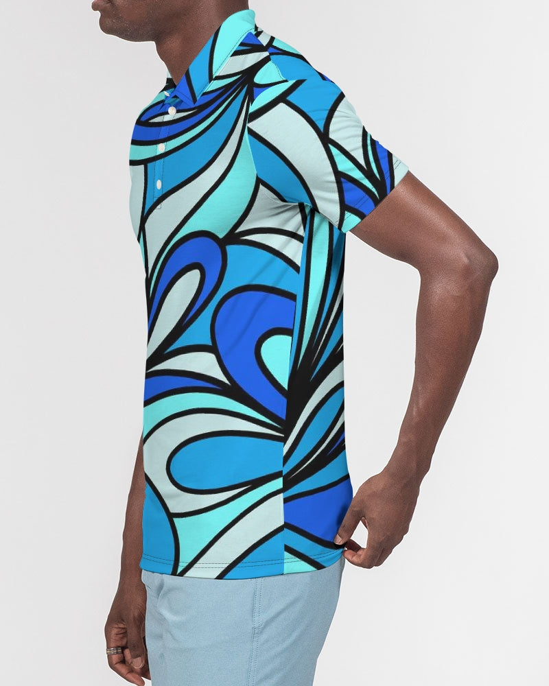 Louie Cool Bleu Men's All-Over Print Slim Fit Short Sleeve Polo