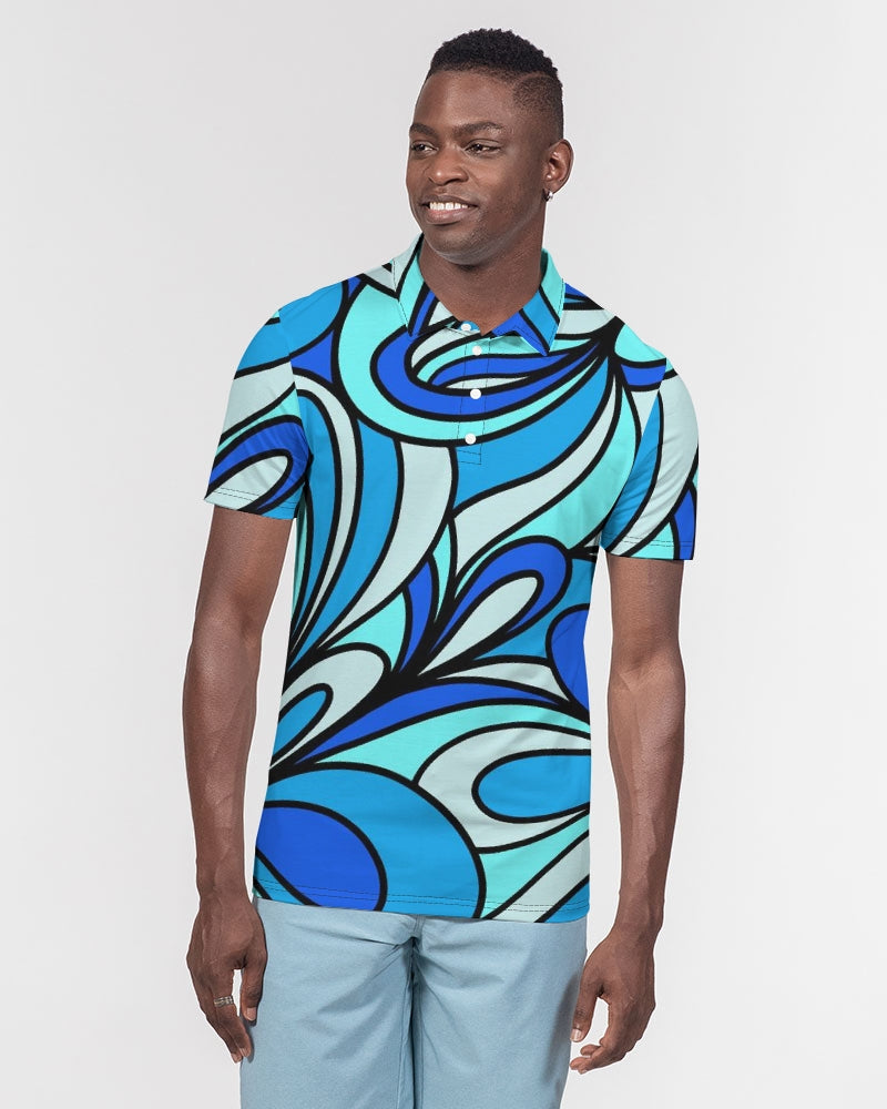 Louie Cool Bleu Men's All-Over Print Slim Fit Short Sleeve Polo
