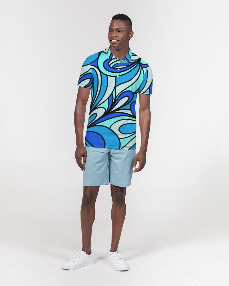Louie Cool Bleu Men's All-Over Print Slim Fit Short Sleeve Polo